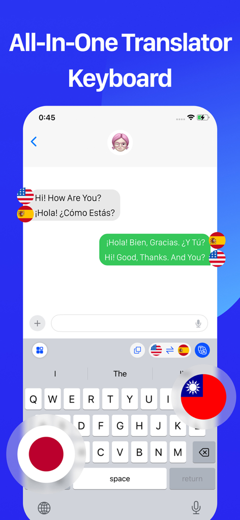 Live Translator - AI Translate - Messaging interface showing the All-In-One Translator Keyboard with real-time English and Spanish translations
