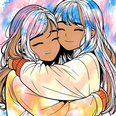 realistic two girls hugging
