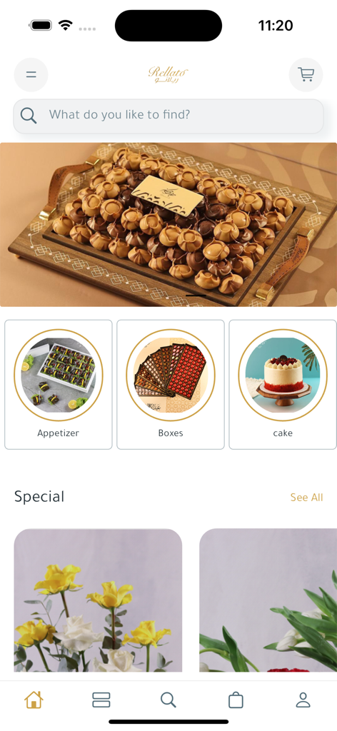 Rellato mobile app home screen showing categories for gourmet chocolates cakes and floral gifts