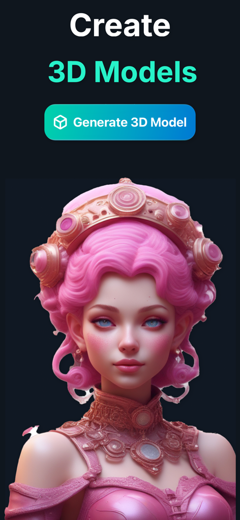 Remeshy app interface for generating 3D models from AI featuring a pink character design