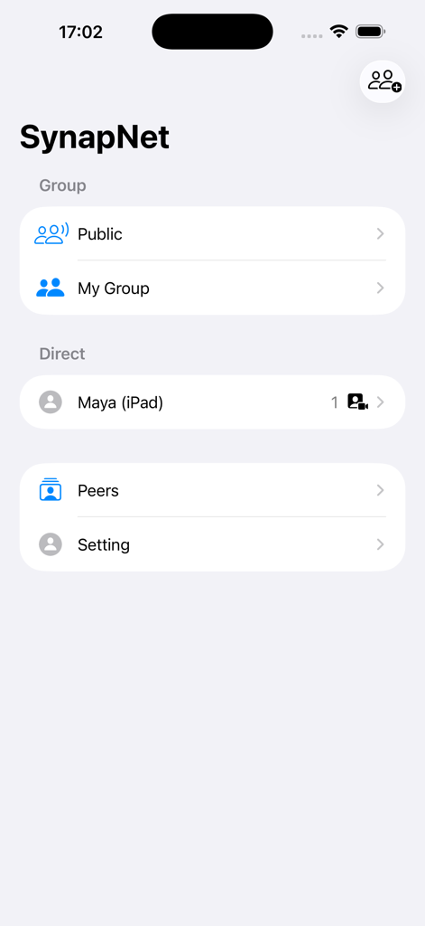SynapNet - Offline Messenger - Main menu of SynapNet app showing group and direct chat options