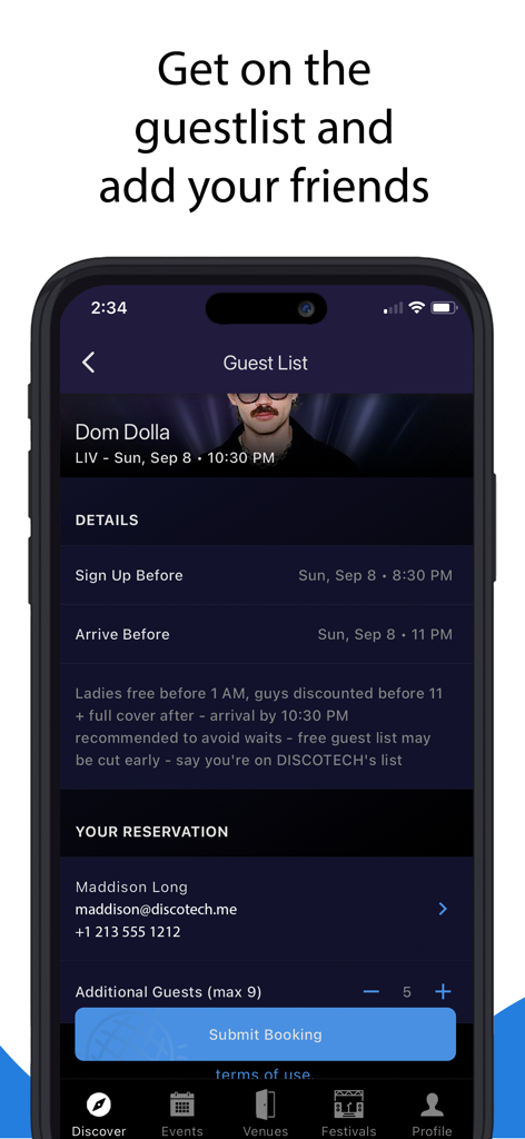 Discotech Nightlife - Screenshot of the Discotech app showing a guest list sign up screen for a nightclub event
