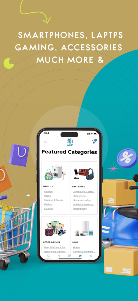 Alifstores - Pantalla de smartphone mostrando las categorías destacadas de la aplicación Alifstores, como electrónica y estilo de vida.