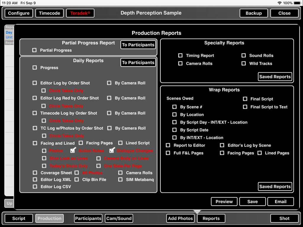 ScriptE S - iPad interface of the ScriptE S app showing a production reports menu with options for daily reports specialty reports and wrap reports