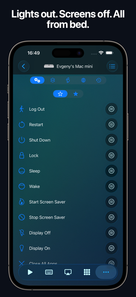 Remote, Mouse & Keyboard Pro - Interfaz del iPhone mostrando opciones de control remoto del sistema como apagado y suspensión para un Mac