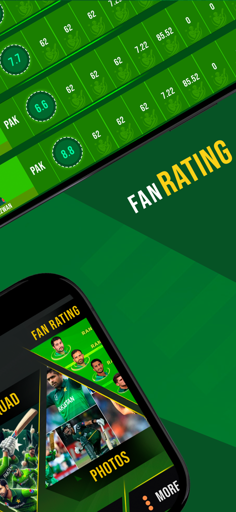 PTV Live Sports Cricket TV - PTV Live Sports Cricket app interface displaying fan ratings and player squad photos