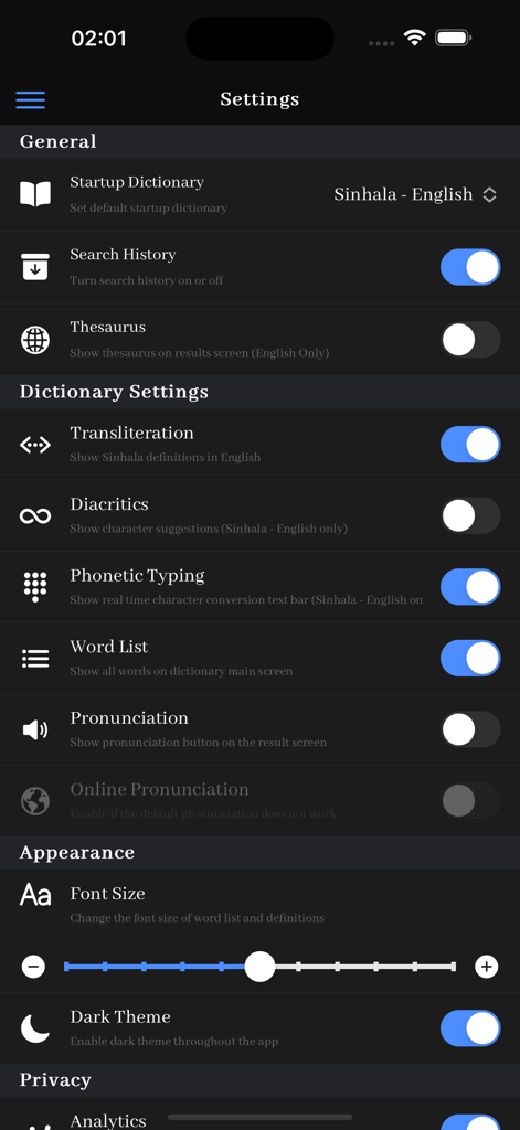 Settings screen of the Sinhala English Dictionary app in dark mode showing various translation and appearance options