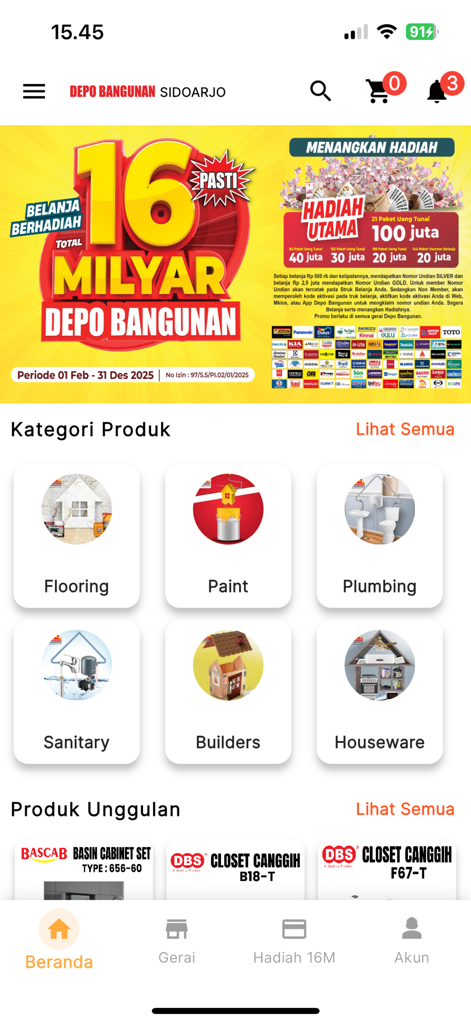 Depo Bangunan mobile app interface displaying product categories for home improvement