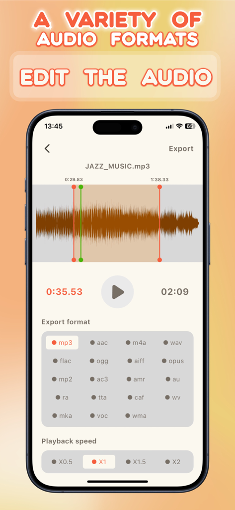 Smartphone screen showing an audio editing interface with waveform visualization and multiple export format options