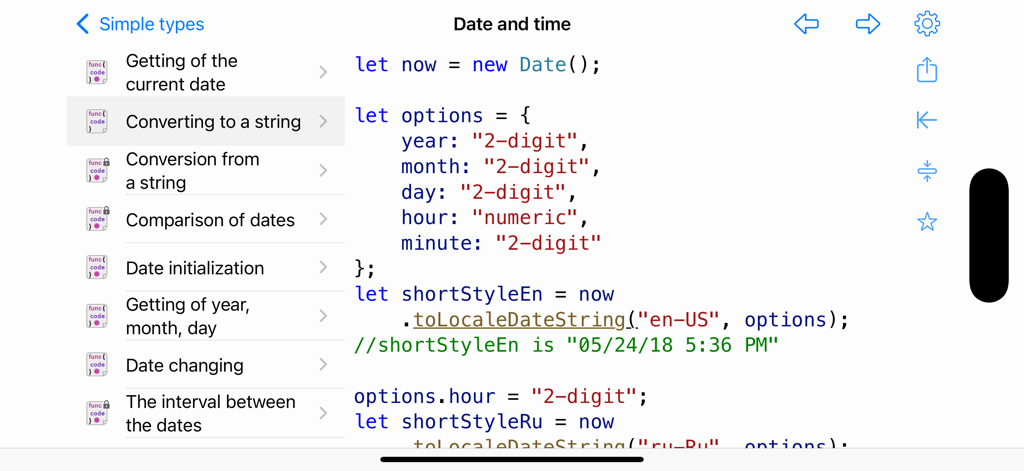 JavaScript and SQL app interface showing a code recipe for date and time formatting