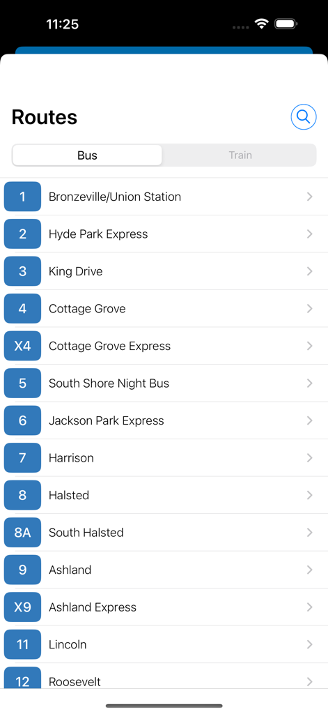 Lista de rutas de autobuses CTA de Chicago en la aplicación Transit Stop