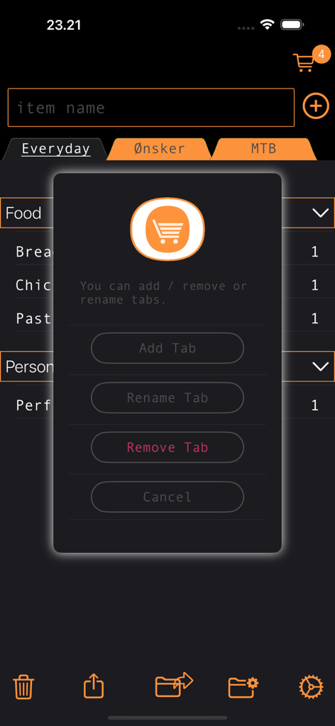 Dosmo - Dosmo app interface showing a popup menu for adding renaming and removing shopping list tabs