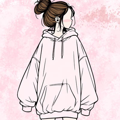 realistic girl with a oversized sweatshirt on and a bun
