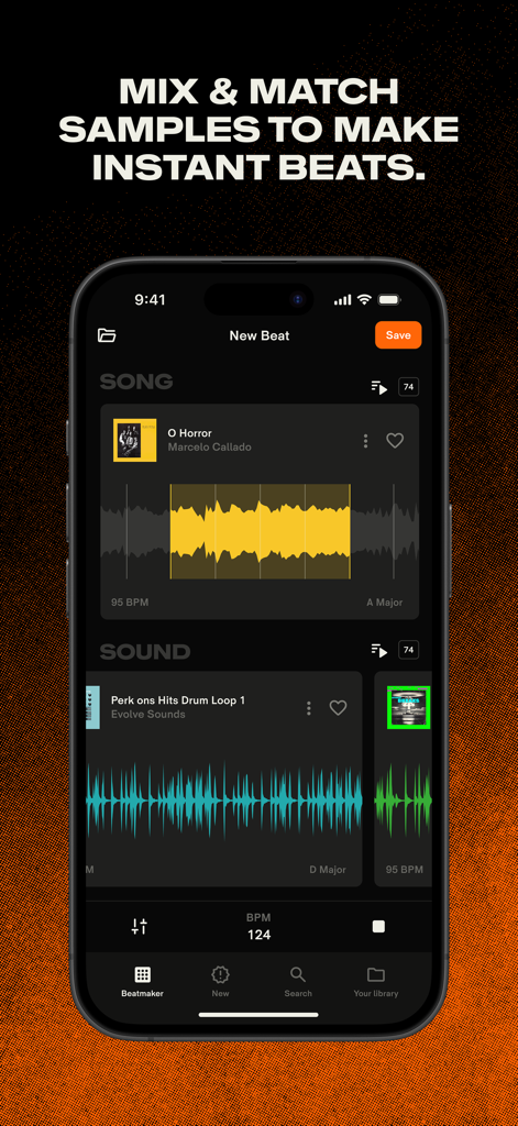 Mobile screen of the Tracklib app showing the beatmaker interface for mixing music samples and drum loops