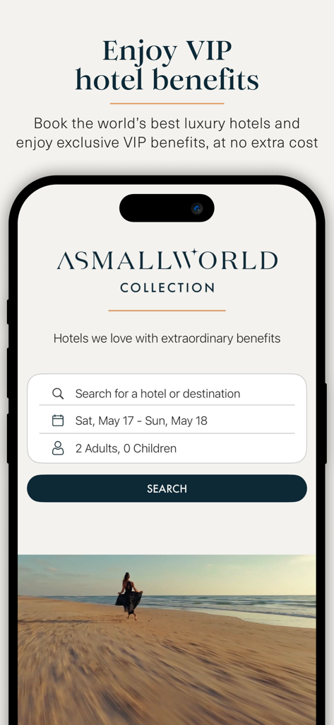 ASMALLWORLD - ASMALLWORLD app interface for booking luxury hotels with VIP benefits