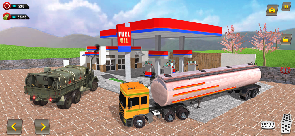 Oil Tanker Transporter Driving - Orange oil tanker truck parked at a fuel station in a mountain environment driving simulator.