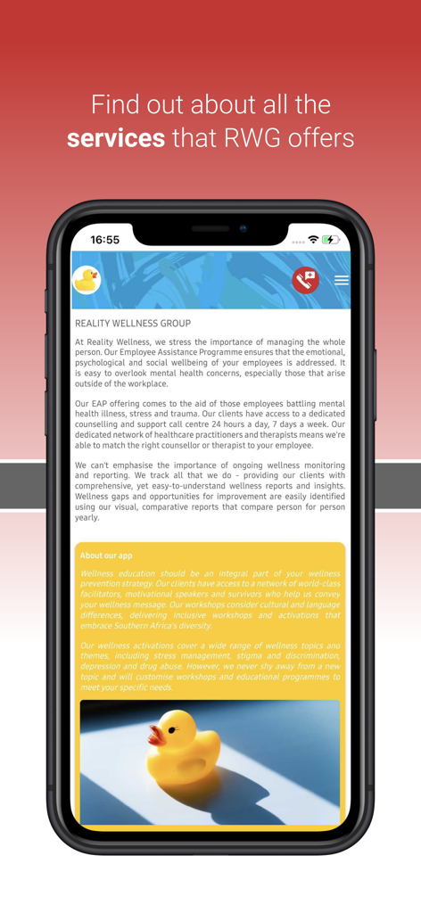 Reality Wellness Group - Pantalla de la aplicación Reality Wellness Group que muestra información sobre su programa de asistencia al empleado y servicios de bienestar