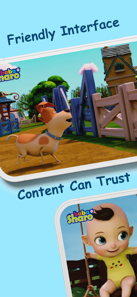 Capture d'écran de l'application BabaSharo Kids montrant une interface conviviale et du contenu animé de confiance pour les enfants.