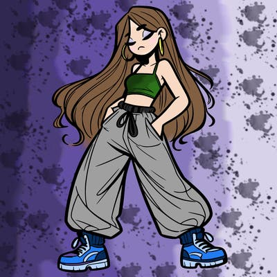 girl in baggy pants crop top and long hair