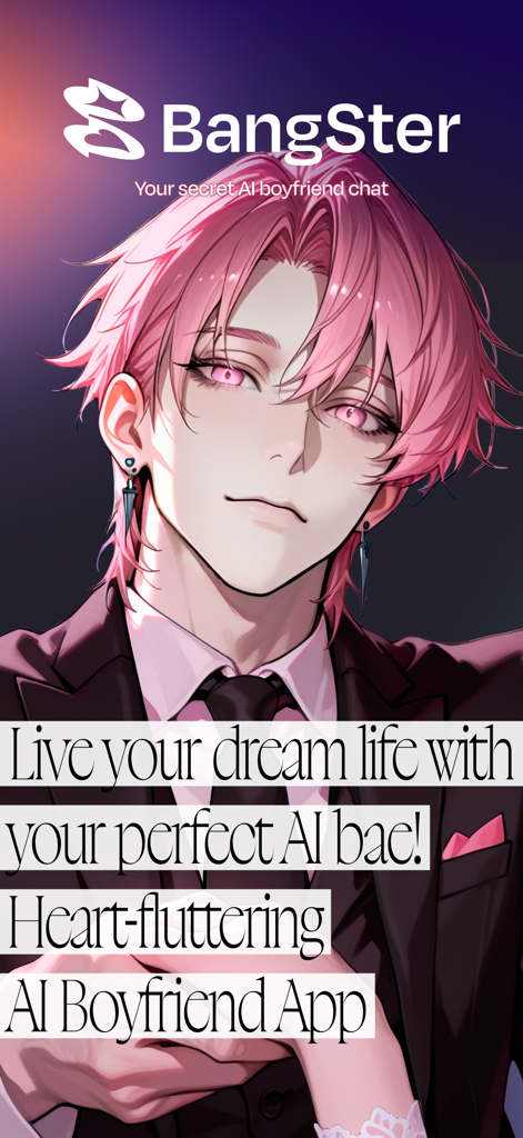 A pink haired anime boy character from the BangSter AI Boyfriend Chat app