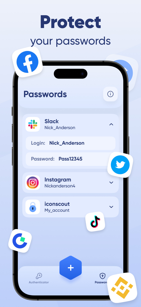 A mobile phone displaying a list of stored passwords in the Authenticator app for accounts like Slack and Instagram