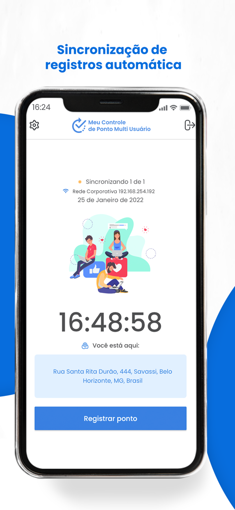 Meu Controle de Ponto Multi - Tela do smartphone mostrando a interface de sincronização automática de registros e rastreamento de localização do aplicativo Meu Controle de Ponto Multi.