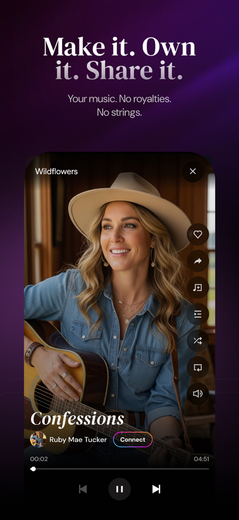 Napster - AI Music & Experts - A mobile app interface from Napster showing an AI music artist and playback controls with a focus on music ownership