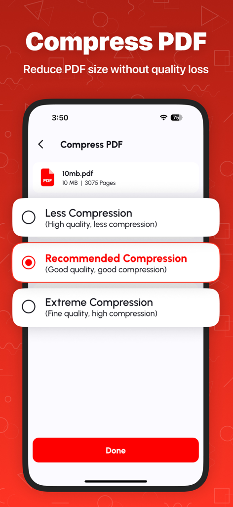 Merge PDF - Combine PDF - Pantalla de la aplicación del iPhone que muestra las opciones de compresión de PDF, incluidas las configuraciones recomendada y extrema