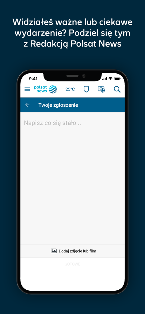 Polsat News - Polsat News app interface for reporting news events and uploading media