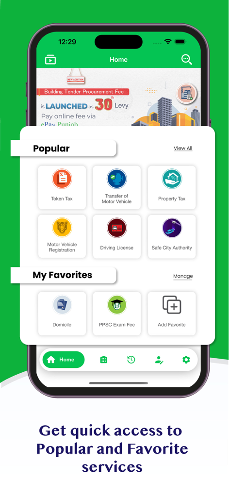 L'écran d'accueil de l'application ePay Punjab affichant des services populaires tels que la taxe symbolique et la taxe foncière.