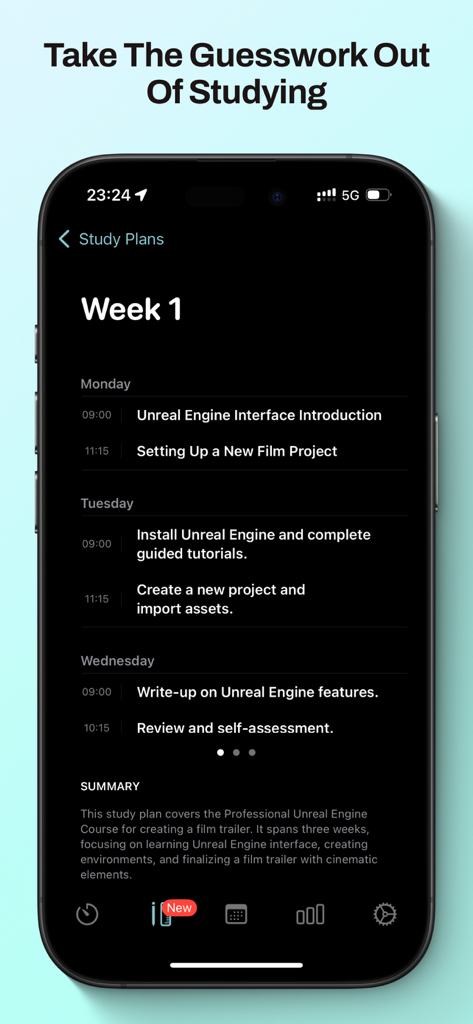 iPhone screen displaying a weekly study plan with daily tasks and a course summary.