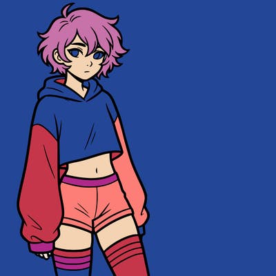 femboy with short hair wearing thigh highs and baggy crop top