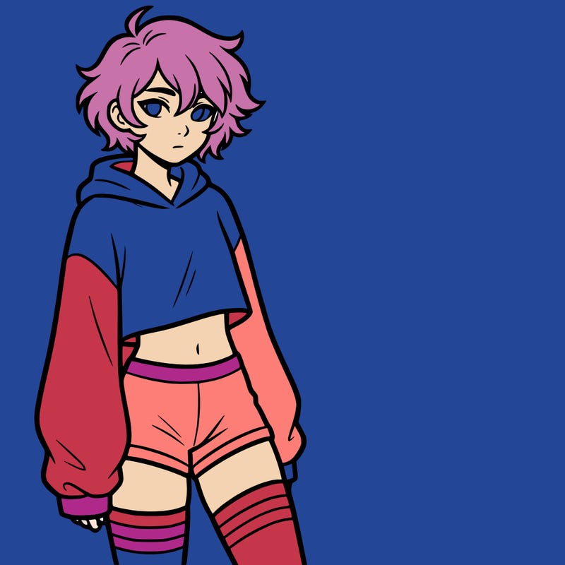 femboy with short hair wearing thigh highs and baggy crop top