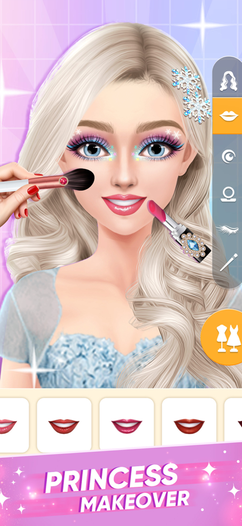 Bridal Boutique Wedding Games - A princess character receiving a makeup makeover with lipstick and brushes in a bridal game.