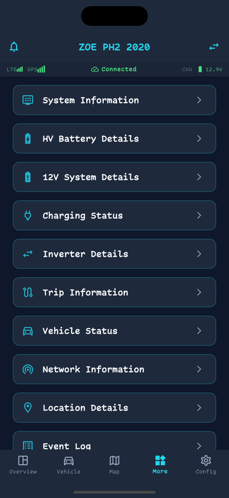 Menú de la aplicación OVMS Connect mostrando opciones detalladas de telemetría del VE como detalles de la batería, estado de carga y salud del vehículo