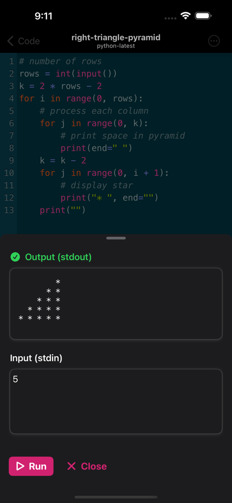 Code - Compile & Run Program - A mobile code editor running a Python script to generate a star pyramid with input and output windows.