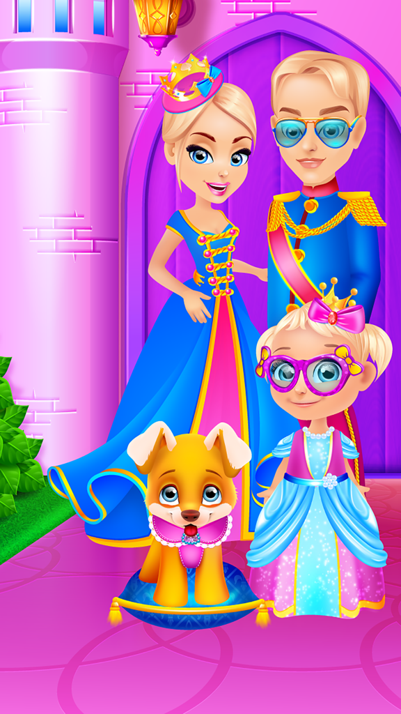 Cinderella's Life Story - Fairy Tale & Girls Games - Cartoon Cinderella with her prince husband, young daughter, and puppy standing in front of a royal castle.