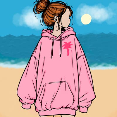 realistic girl with a oversized sweatshirt on and a bun