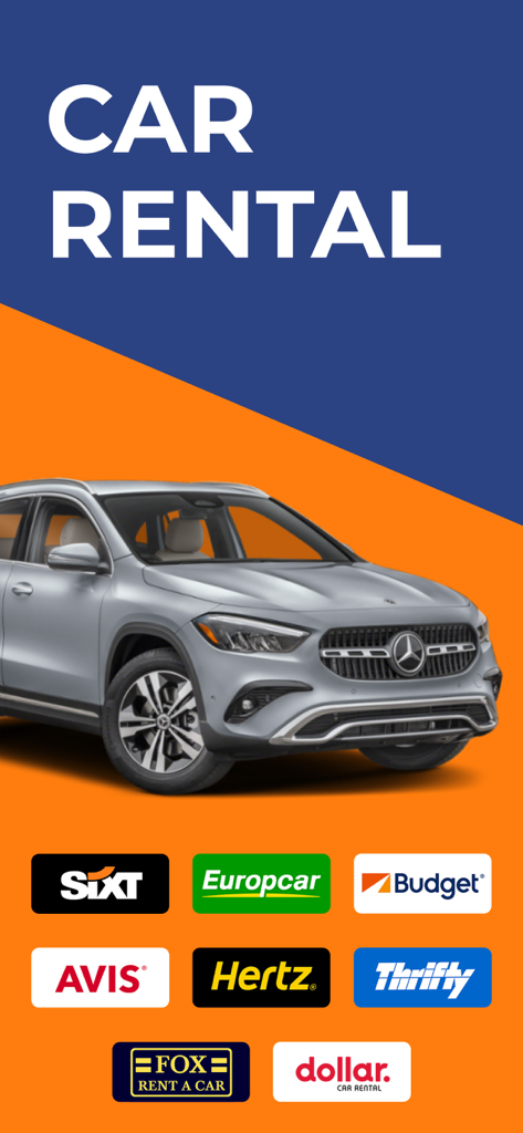 Carla - Cheap Car Rental Deals - Carla car rental app promotional banner featuring a silver SUV and logos of major rental car brands like Hertz Avis and Sixt