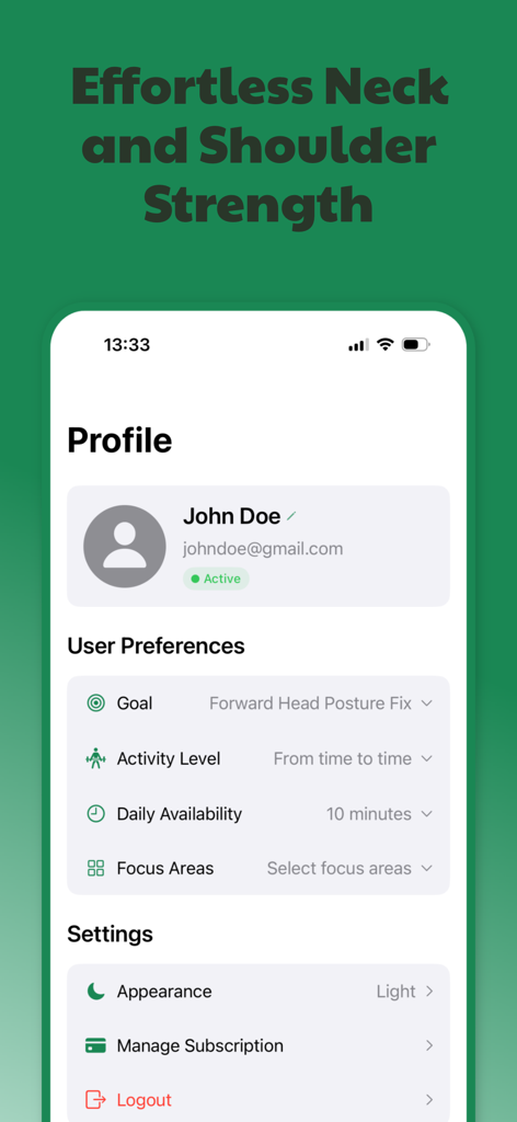 Necklo app profile screen showing user preferences for posture goals and daily availability.