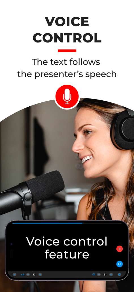 SUFLER.PRO - A professional content creator using the voice control feature of the SUFLER.PRO teleprompter app while speaking into a microphone.