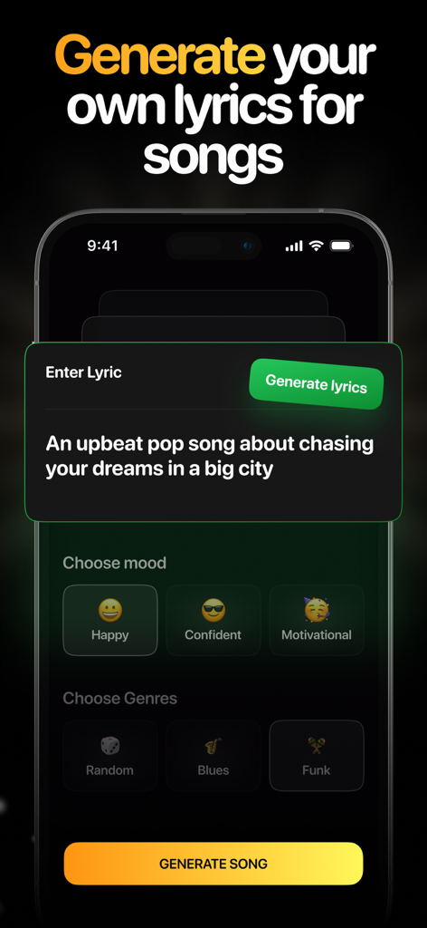 AI Music & Song Maker - Solo - Interface for generating song lyrics with mood and genre selection in Solo AI Music app