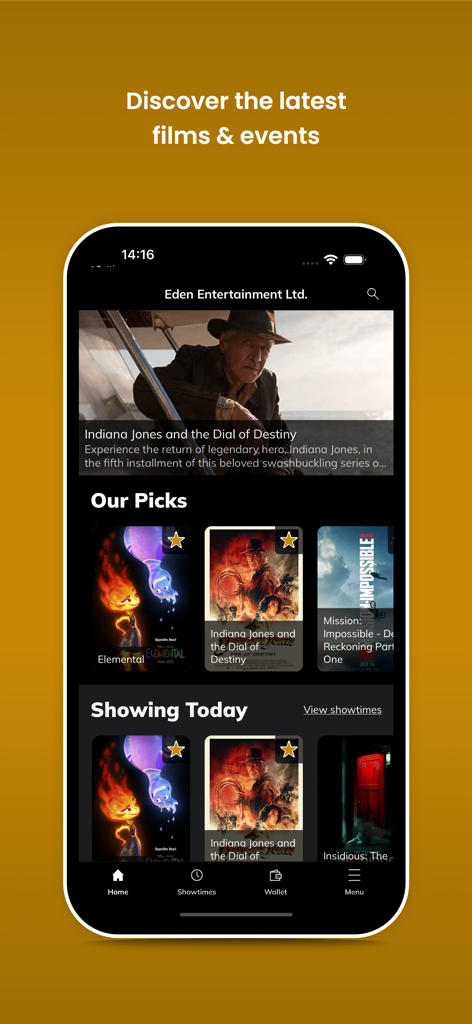 Pantalla de inicio de la aplicación Eden Cinemas que muestra los últimos estrenos y horarios de películas