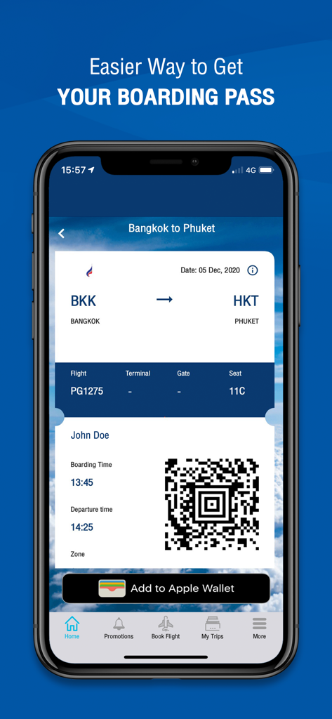 Bangkok Airways - QRコードとApple Walletオプション付きのバンコクからプーケットへのバンコクエアウェイズ便のデジタル搭乗券を示すiPhone画面