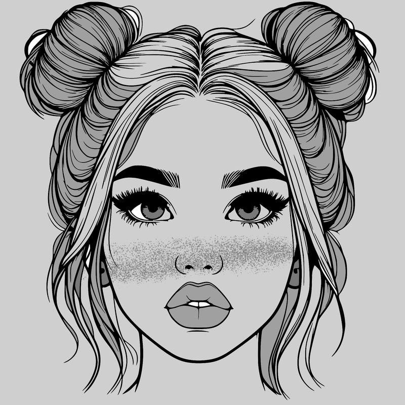 realistic girl with two buns on her hair and lips