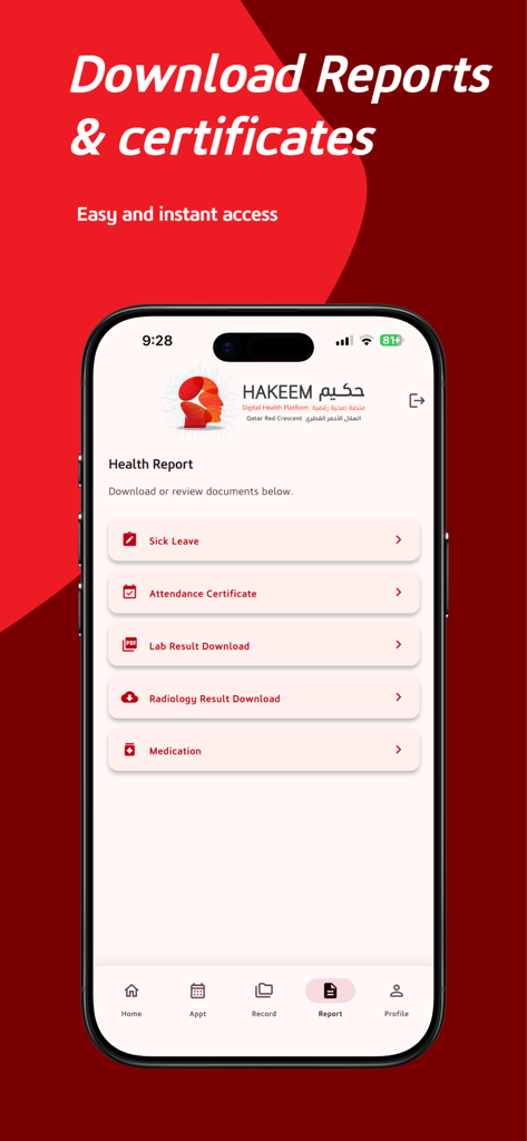 Interface do aplicativo Hakeem mostrando opções para baixar atestados de licença médica e relatórios médicos