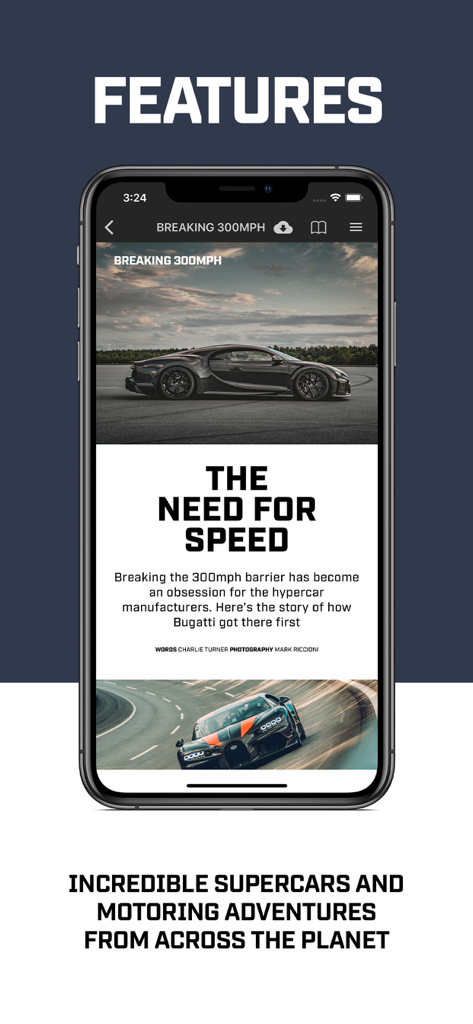 Top Gear Magazine - Tela do aplicativo da Revista Top Gear mostrando um artigo de destaque sobre um hipercarro Bugatti intitulado The Need for Speed.