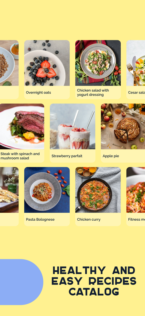 Healthy and easy recipes catalog featuring various dishes like pasta and salads in the Plate app