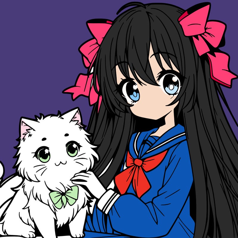a anime girl with long hair and bows with a anine maga cat