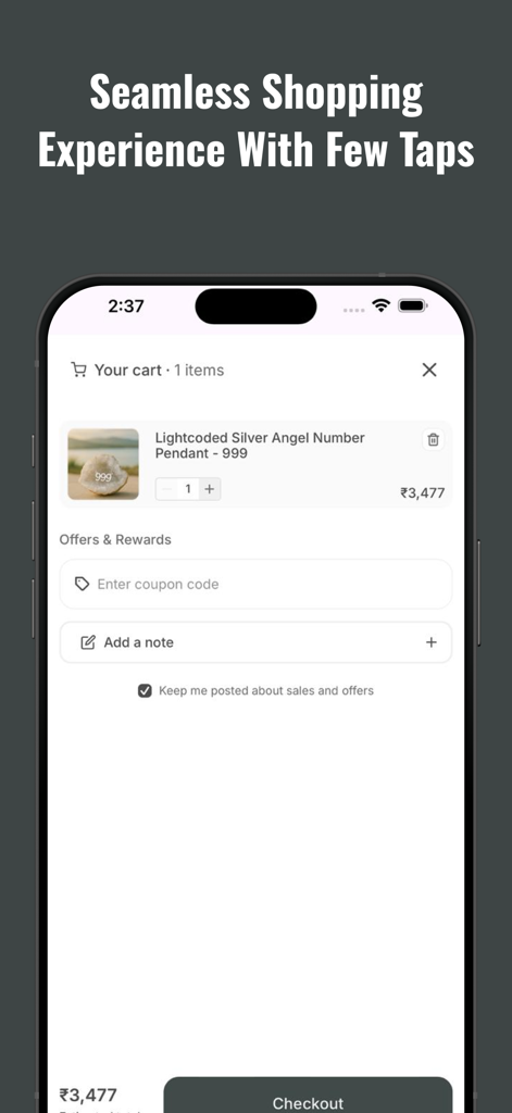 VANI KABIR STUDIO - Mobile app shopping cart screen for Vani Kabir Studio showing a silver angel number pendant and checkout options